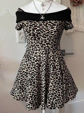 Y2K Beautees Leopard Print Off the Shoulder Micro Mini A-Line Dress